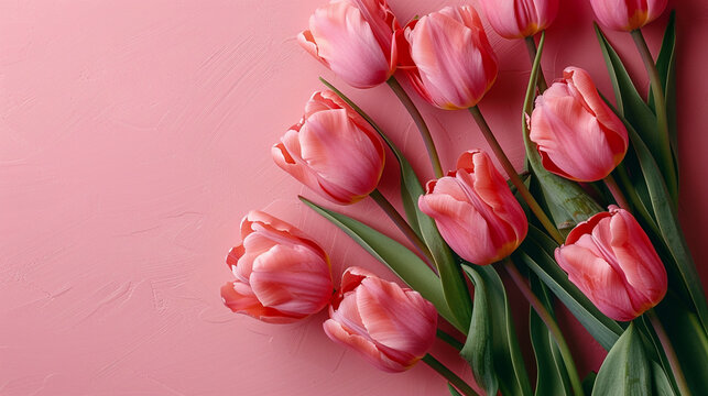 bouquet of pink tulips on pink solid background with copy space