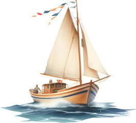 Obraz premium Nursery cute Abstract watercolor boat, red flag, baby clipart. Template for the invitation cards, concept of love and freedom - texture of paint paper in blue color illustration