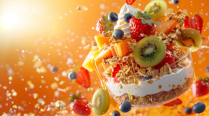 Escena de bol de fruta fresca con elementos flotando en el aire, sobre un fondo naranja 