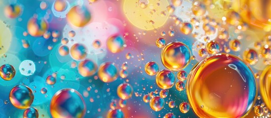 In this close-up shot, colorful oil droplets in water create unique bubbles on a vivid surface. The bubbles form abstract swirling circles, adding a vibrant touch to the scene. - obrazy, fototapety, plakaty
