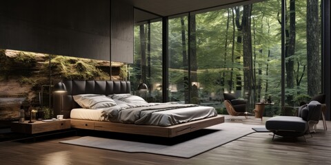 Modern bedroom with forest view. Panoramic windows in the forest. Generative AI