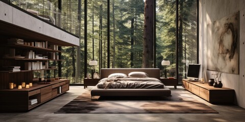 Modern bedroom with forest views and a large library. Panoramic views of the forest. Generative AI
