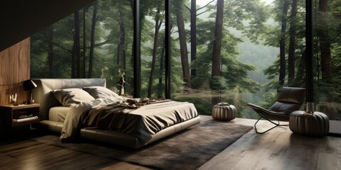 Modern bedroom with forest view. House in the forest. Generative AI