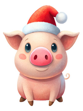 Cute pig wearing a Santa Claus hat on transparent background