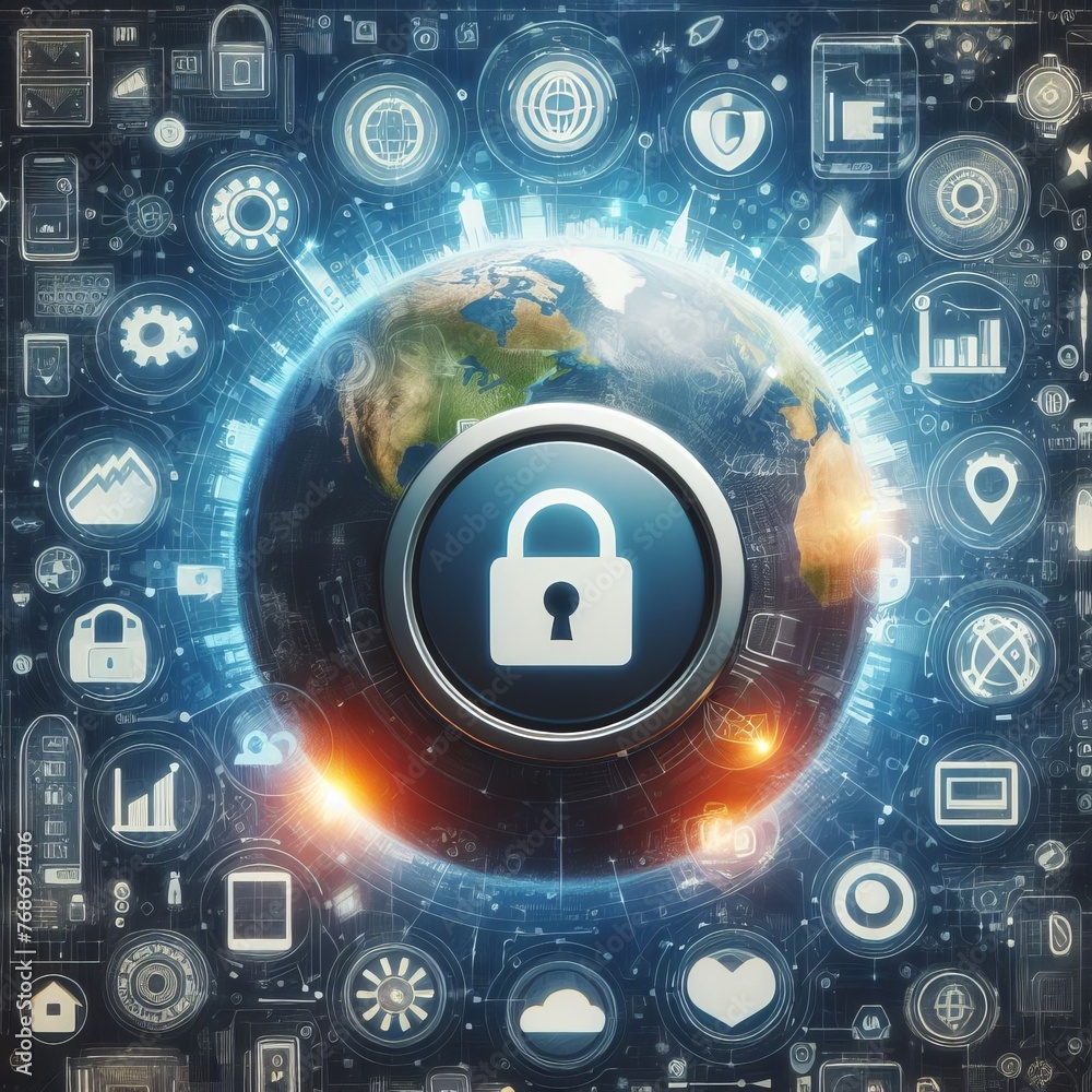 Poster digital art showing a padlock symbol encompassing the earth, illustrating global cybersecurity and p