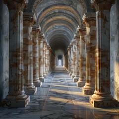 Gleaming marble corridor flanked by ornate columns, stretching into a vanishing point under a vaulted ceiling