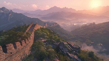 Dawn breaks over the Great Wall, its ancient stones stretching to infinity against a serene, mountainous horizon