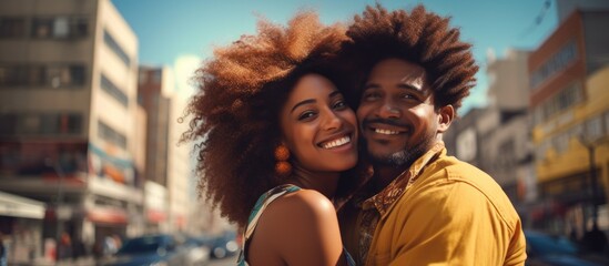 A waist-up portrait of a joyful African American man and woman embracing each other warmly in a city street. - obrazy, fototapety, plakaty