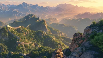 Rolgordijnen Early light bathes the Great Wall, highlighting its immense journey across China's rugged terrain © cvetikmart