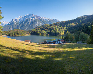 beautiful lake  Lautersee and Karwendel alps, view from hiking trail
