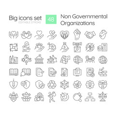 Non governmental organization linear icons set. Human rights. Nonprofit organization. Community service. Customizable thin line symbols. Isolated vector outline illustrations. Editable stroke
