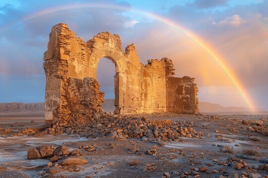 Rainbow amidst ruins in a desert, early morning light, ground view, sharp focus, vibrant hues8k