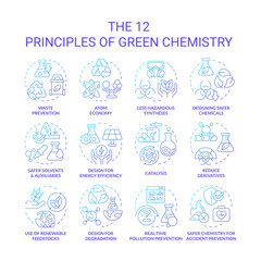 Green chemistry principles blue gradient concept icons. Chemical synthesis, harmful substances. Icon pack. Vector images. Round shape illustrations for infographic, presentation. Abstract idea