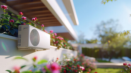 air source heat pump unit installed outdoors at a modern home - obrazy, fototapety, plakaty