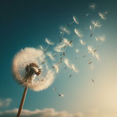 A single dandelion stands against a clear blue sky, its seeds caught mid-flight by a gentle wind. This moment captures the fragile beauty of nature's cycle. AI generation