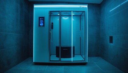 A contemporary cryotherapy chamber with a futuristic design illuminated with blue lighting, situated in a dark room - obrazy, fototapety, plakaty