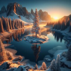 The golden light of dawn caresses a lone tree on an island, surrounded by the tranquility of a frozen lake. This peaceful landscape evokes a sense of solitude and reflection. AI generation
