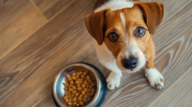 cute jack russell dog at home waiting to eat his food in a bowl. Pets indoors