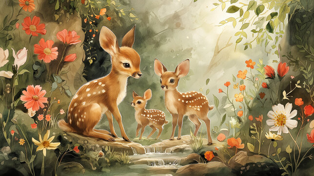 A heartwarming watercolor painting for Mother's Day featuring adorable animals tenderly caring for their young, set against a backdrop of blooming flowers and lush greenery