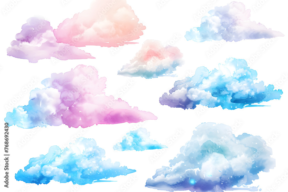 Wall mural Watercolor pastel colors clouds illustrations collection isolated on white - Wall murals