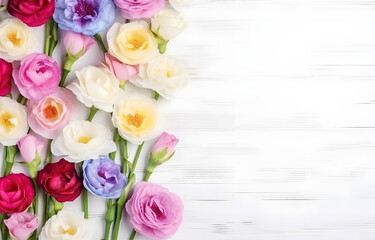 colorful Eustoma flowers on white wooden table soft light