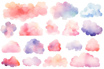Watercolor pastel colors clouds illustrations collection isolated on white