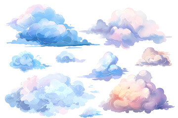 Watercolor pastel colors clouds illustrations collection isolated on white