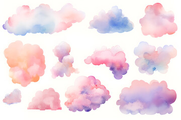 Watercolor pastel colors clouds illustrations collection isolated on white