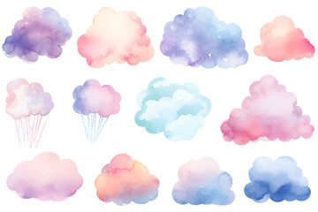 Watercolor pastel colors clouds illustrations collection isolated on white
