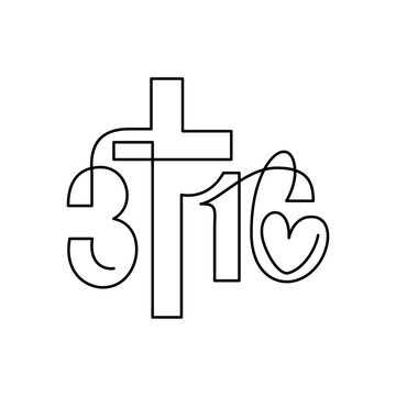 Biblical Phrase form John 3:16. Continuously one art line logo cross icon about God love. True Story, typography for print or use as poster, card, flyer