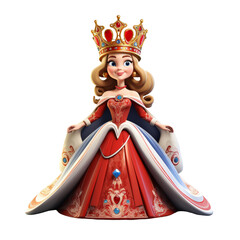 Blonde queen princess in 3D realistic style on a white background. Cartoon girl in a beautiful dress and crown.