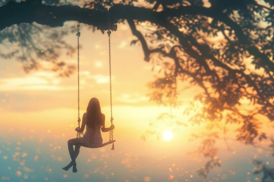 silhouette of a person jumping on a swing hanging from a tree on a beautiful sunset