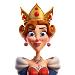 Portrait of the queen princess in 3D style. Cartoon character. Red-haired woman in a crown.