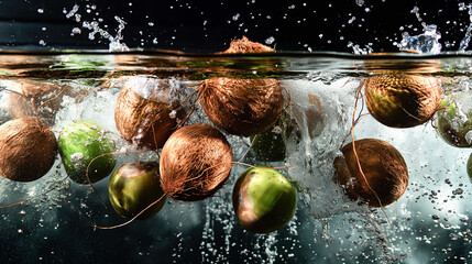 A bunch of coconuts are floating in a pool of water - obrazy, fototapety, plakaty