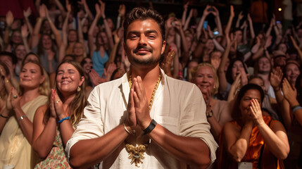 A spiritual guru stands confidently before a large crowd of people, exuding wisdom and serenity as he imparts teachings on meditation and yoga - obrazy, fototapety, plakaty