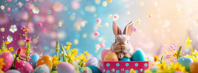 Easter banner with colorful eggs in a gift box and a cute bunny on a vibrant background, copy space for text	