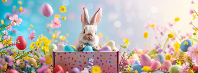 Easter banner with colorful eggs in a gift box and a cute bunny on a vibrant background, copy space for text	
