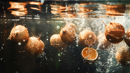 A bunch of coconuts and oranges are floating in water - obrazy, fototapety, plakaty