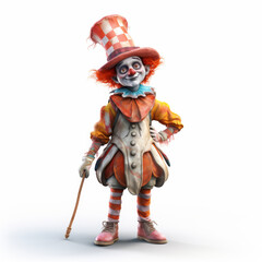 Clown in realistic 3D style on a white background. A man dressed as a jester with a red hat.