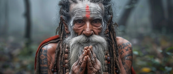 The mystic sage with flowing wisdom. A man adorned with long dreadlocks and a majestic beard exuding a sense of wisdom and spirituality, embodying the essence of a guru in deep meditation - obrazy, fototapety, plakaty