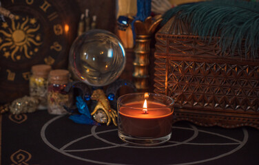 Magical scene, esoteric concept, fortune telling, tarot cards on a table	