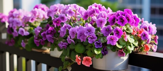 A neat row of potted violets and begonias sits on top of a window sill, adding a touch of nature to the household space. - obrazy, fototapety, plakaty