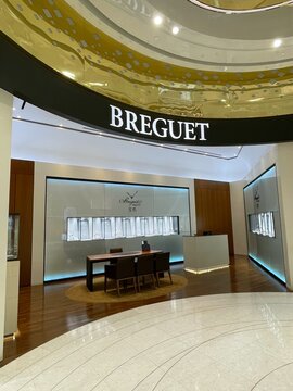 Breguet wrist watches in brand store. Shopping mall. Famous luxury trademark. Swiss luxury watch, clock, jewelry manufacturer founded in Paris, France in 1775. Since 1999 - Swatch Group, Switzerland. 