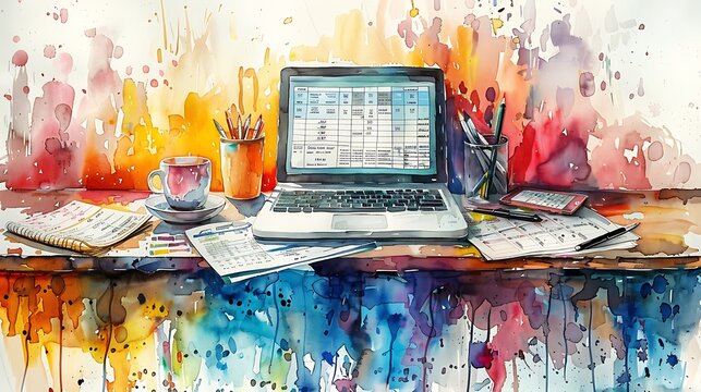 finance, payroll, pay stub, technology, watercolor, white background. Generative Ai