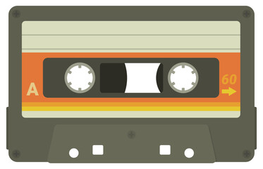 Old magnetic tape audio cassette with its label on side A in flat design style (cut out)