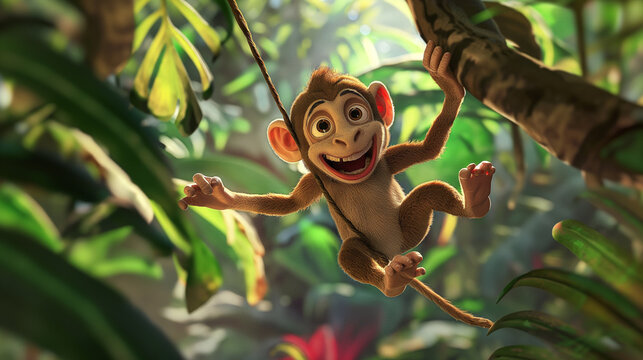 A cartoon monkey is swinging from a tree branch