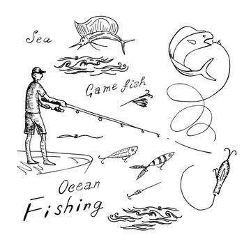 Fisherman in the ocean and fish on boat and fish is jumping. Vector black sketch image.