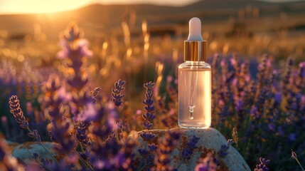 A white transparent bottle with serum standing on stone of a field of lavender in the rays of the...