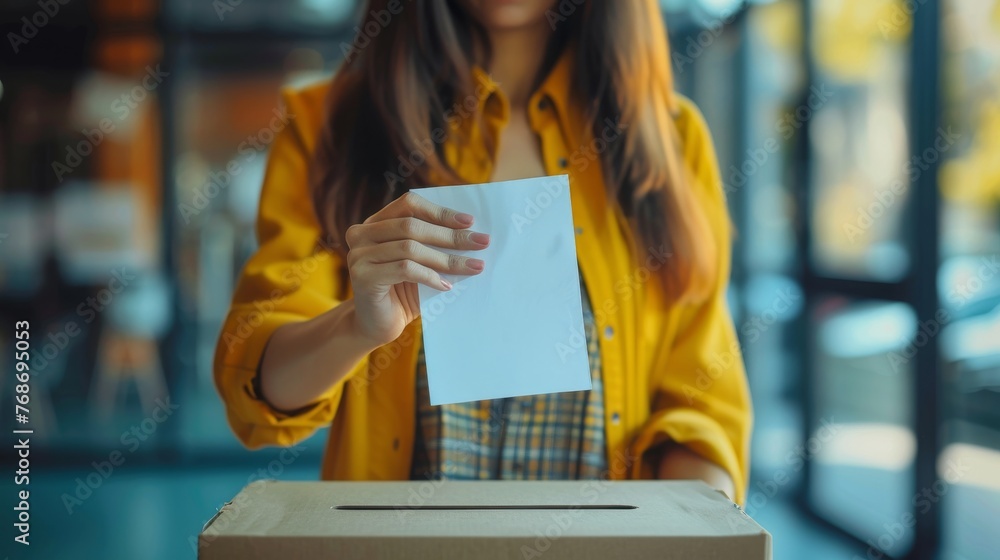 Wall mural Anonymous woman putting the vote in ballot box with a stack of ballots in the foreground, blurry background. Political choice, election day and voting concept. Generative ai