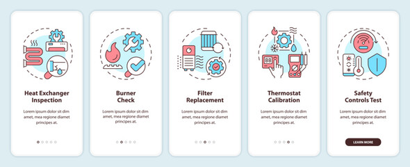 Heating inspection onboarding mobile app screen. HVAC walkthrough 5 steps editable graphic instructions with linear concepts. UI, UX, GUI template. Myriad Pro-Bold, Regular fonts used